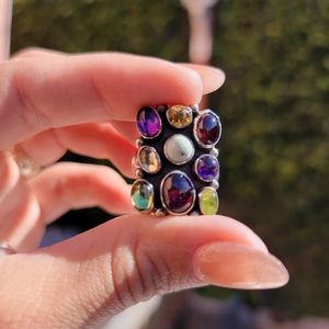 Multi stone Cabochon Bezel Sterling Ring signed